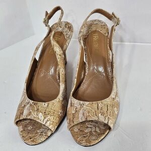 VINTAGE J. RENEE Sailaway CORK METALLIC GOLD STUD WEDGE -Beige Floral Slingback